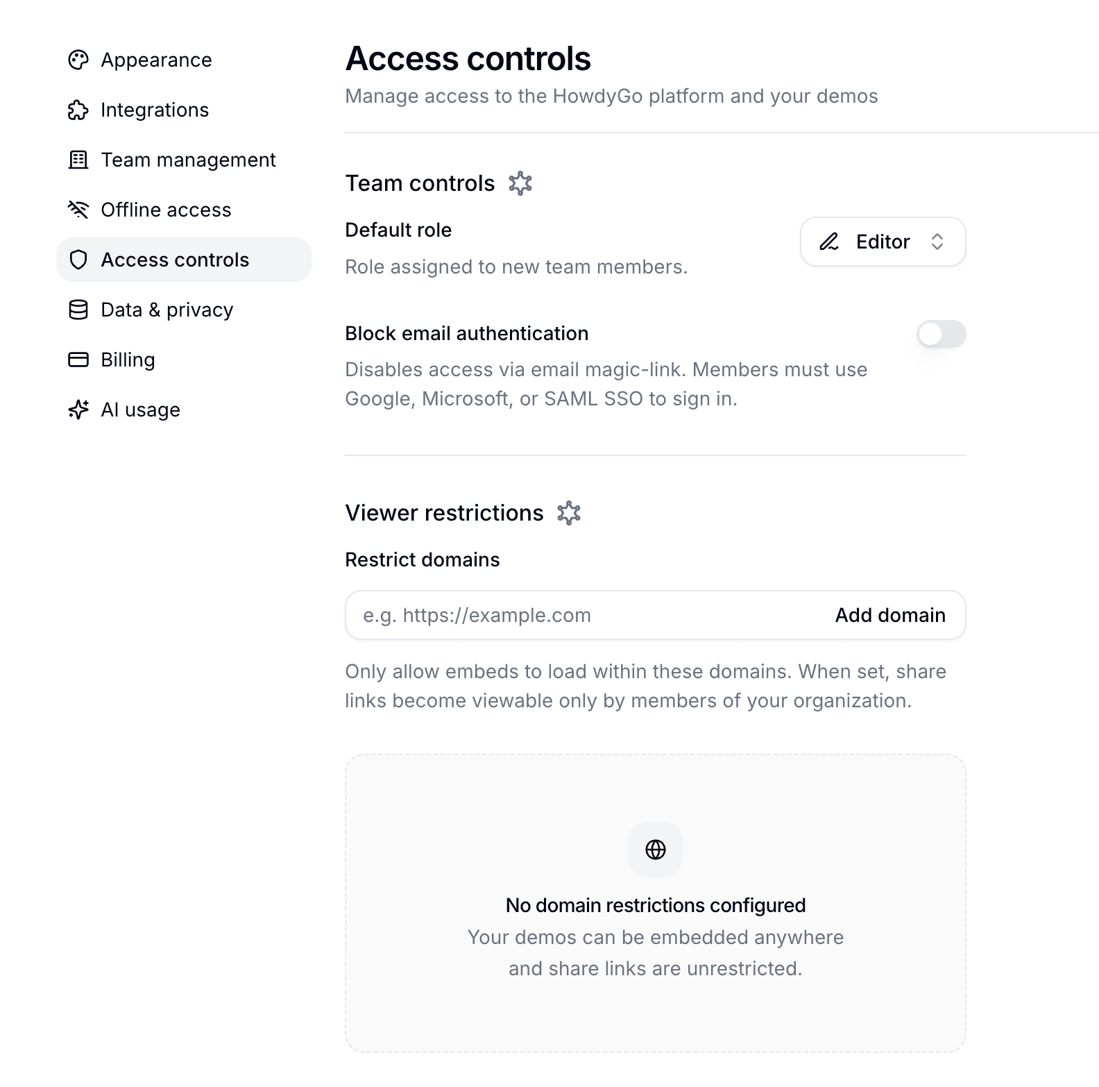 Access controls showing the default role and email authentication settings