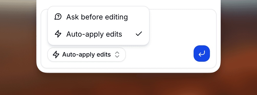 Screenshot of the permission mode dropdown in the Howdy AI chat input, showing 'Ask before editing' and 'Auto-apply edits' as the two available options