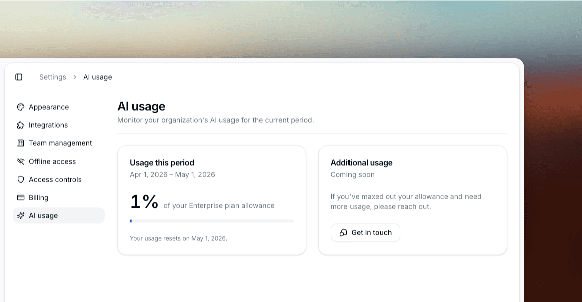 Screenshot of the AI Usage page in the HowdyGo dashboard, showing the Usage this period card and the Additional usage card