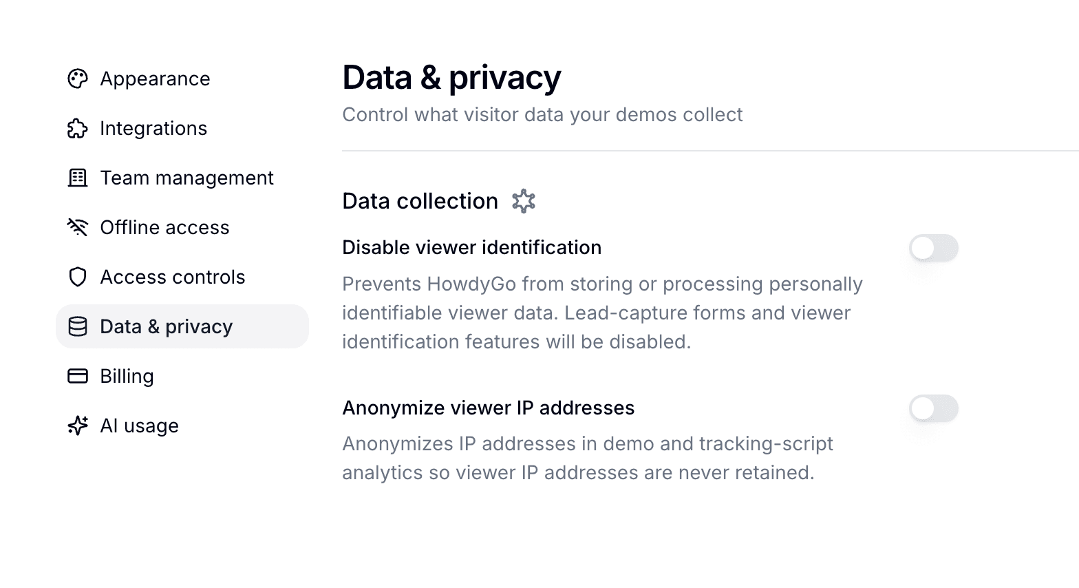 Data and privacy settings showing viewer identification and IP anonymization controls
