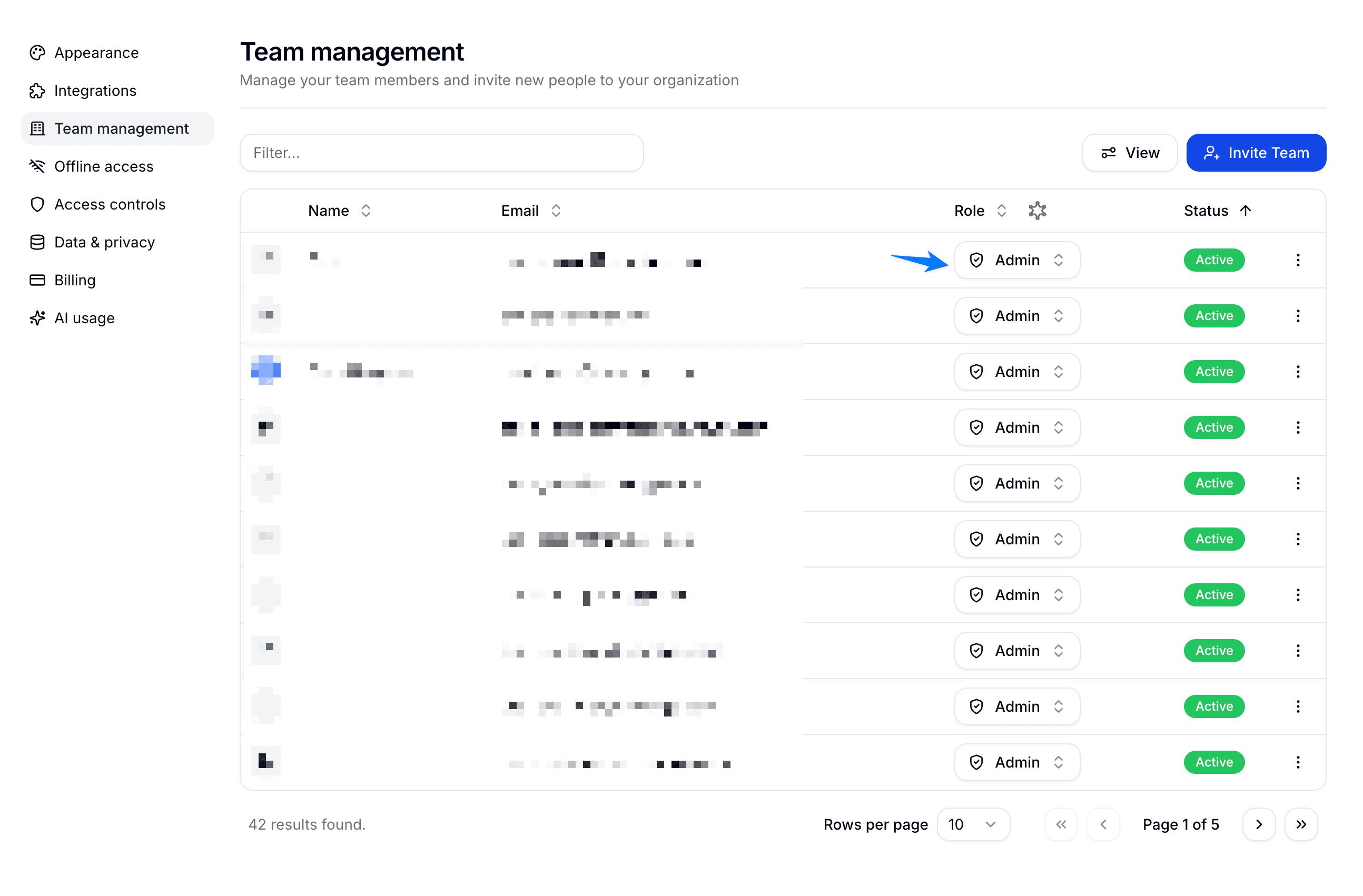 Team management table showing member roles, statuses, and row actions